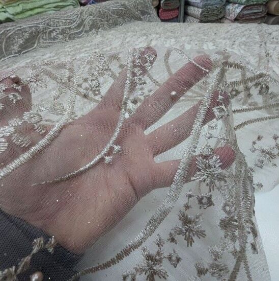 Boncuklu Sarmaşık Güpür Kumaş bej