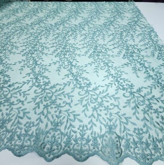 Boncuklu Çiçekler Güpür Kumaş Mint