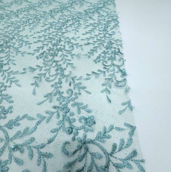 Boncuklu Çiçekler Güpür Kumaş Mint