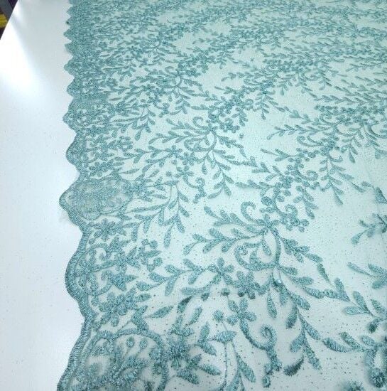 Boncuklu Çiçekler Güpür Kumaş Mint