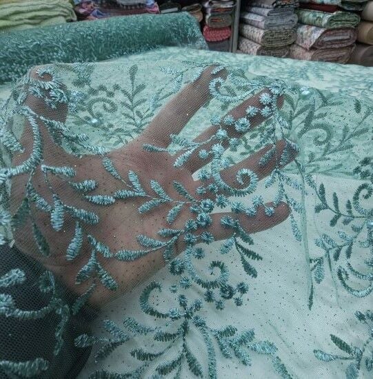 Boncuklu Çiçekler Güpür Kumaş Mint