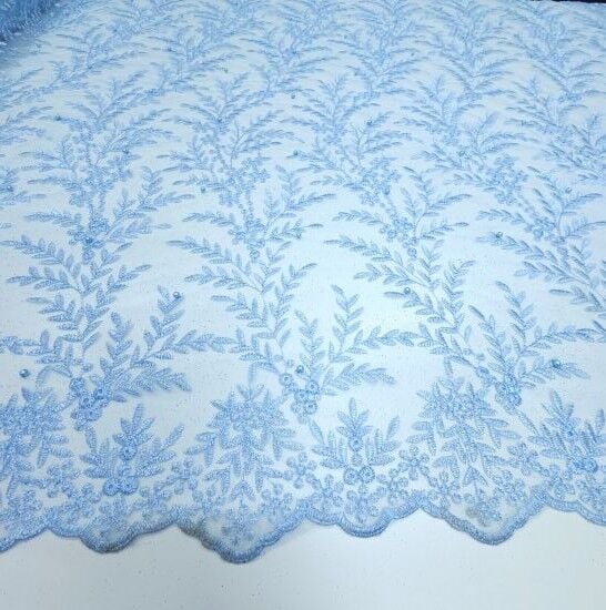 Boncuklu Çiçekler Güpür Kumaş Mavi