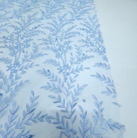 Boncuklu Çiçekler Güpür Kumaş Mavi