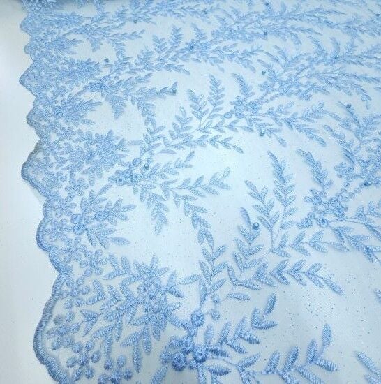 Boncuklu Çiçekler Güpür Kumaş Mavi