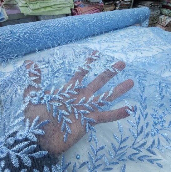 Boncuklu Çiçekler Güpür Kumaş Mavi