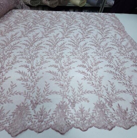 Boncuklu Çiçekler Güpür Kumaş Pudra