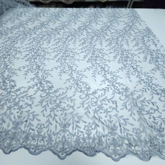 Boncuklu Çiçekler Güpür Kumaş Gri