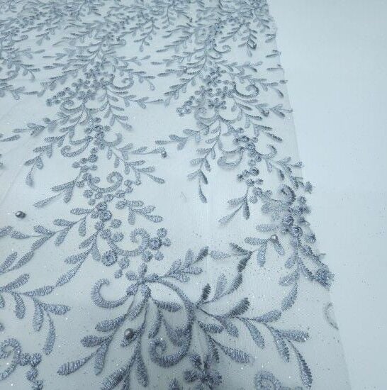 Boncuklu Çiçekler Güpür Kumaş Gri