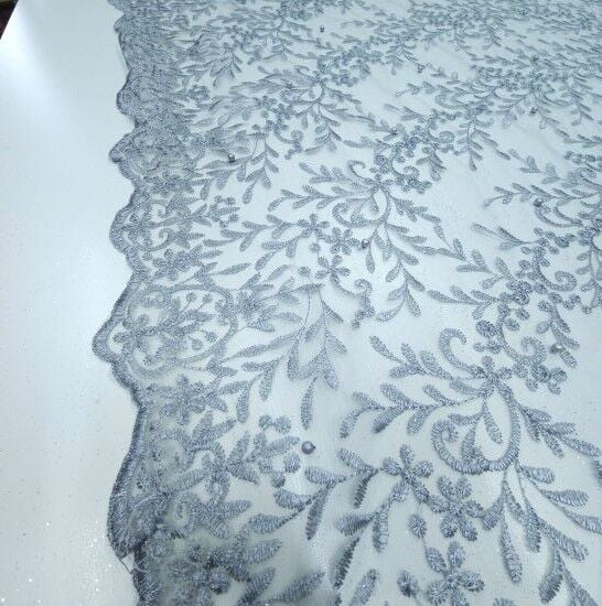 Boncuklu Çiçekler Güpür Kumaş Gri