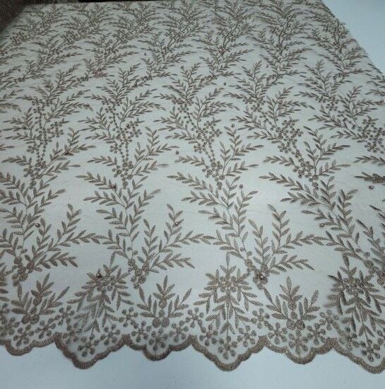 Boncuklu Çiçekler Güpür Kumaş Kahverengi