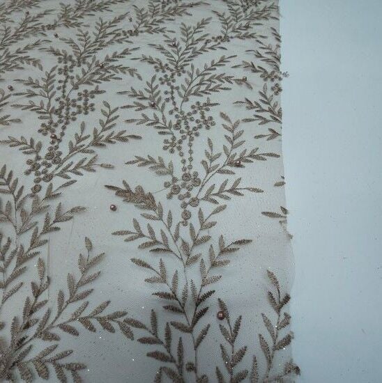 Boncuklu Çiçekler Güpür Kumaş Kahverengi