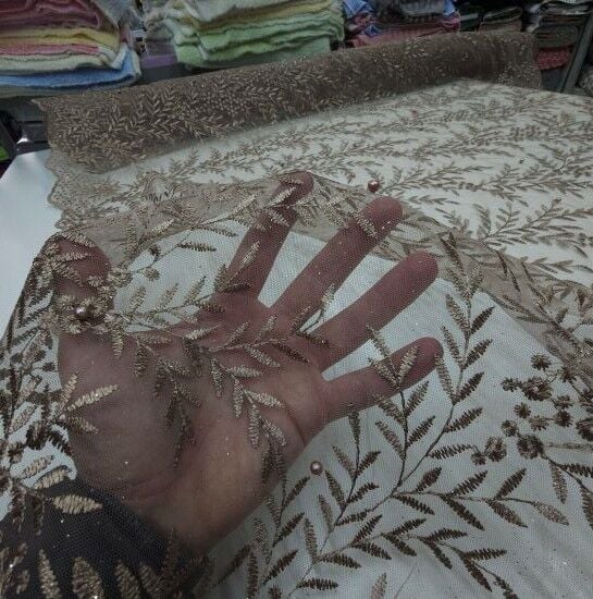 Boncuklu Çiçekler Güpür Kumaş Kahverengi