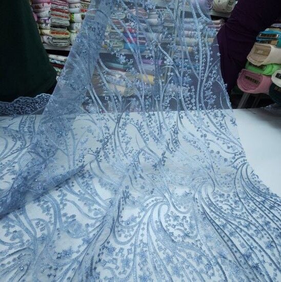 Boncuklu Sarmaşık Güpür Kumaş Buz Mavisi