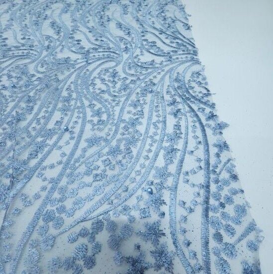 Boncuklu Sarmaşık Güpür Kumaş Buz Mavisi