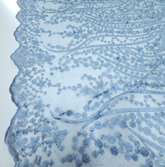 Boncuklu Sarmaşık Güpür Kumaş Buz Mavisi