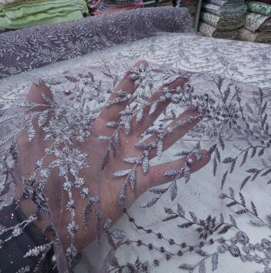 Boncuklu Çiçekler Güpür Kumaş Menekşe