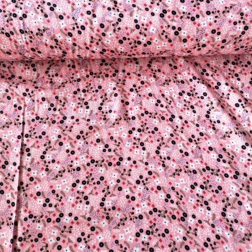 Geometrik Papatyalı Viskon Kumaş Pembe