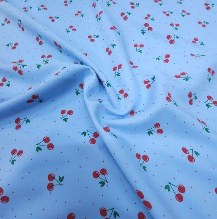 Meyve Şöleni Double Kumaş Kirazlar Mavi