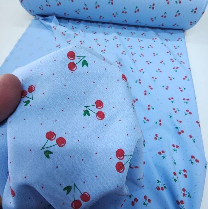 Meyve Şöleni Double Kumaş Kirazlar Mavi