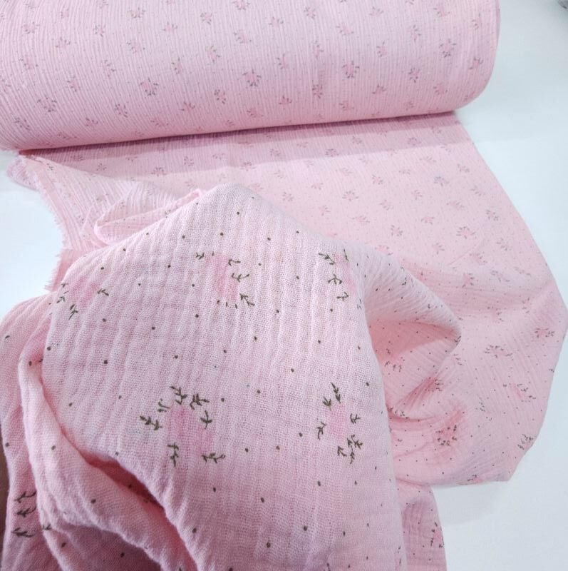 Çift Katlı Müslin Kumaş Bahar İki Yüzlü Pembe