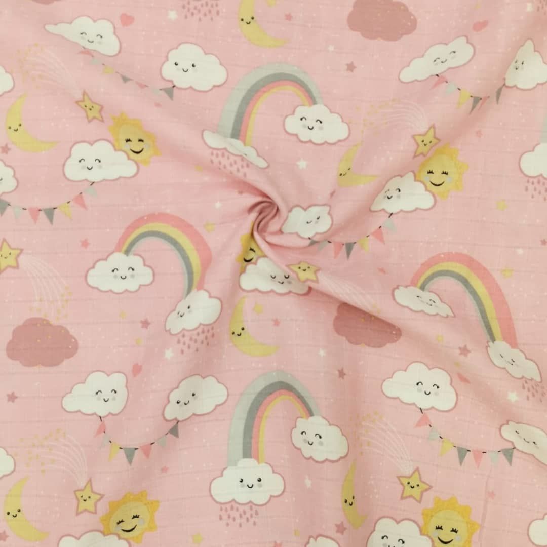 Gökkuşağı ve Bulutlar Müslin Bezi Pembe