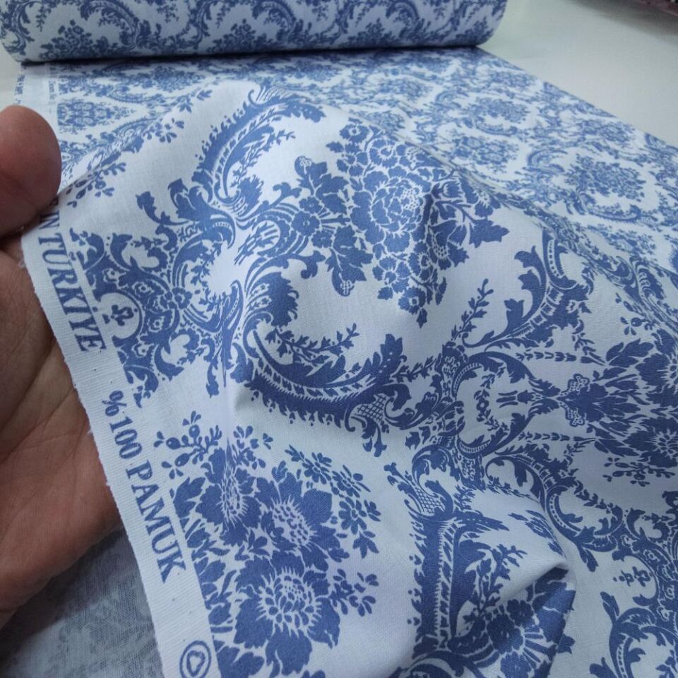 Damask Desen Poplin Kumaş indigo