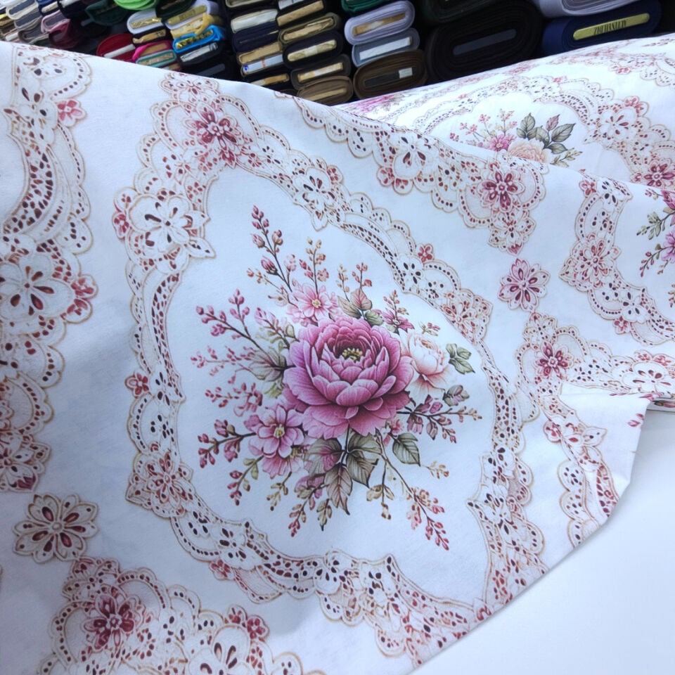 5d Dijital Poplin Kumaş Buketler Pembe