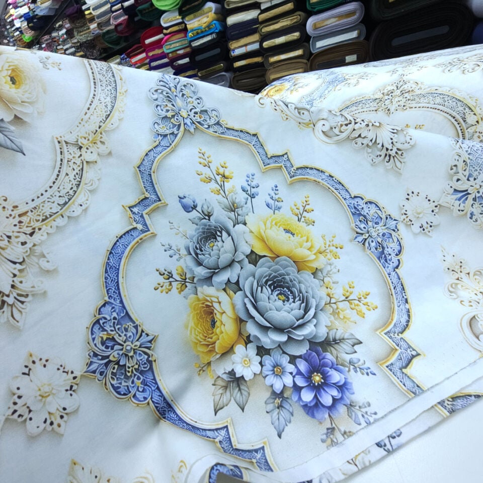 5d Dijital Poplin Kumaş Buketler Sarı