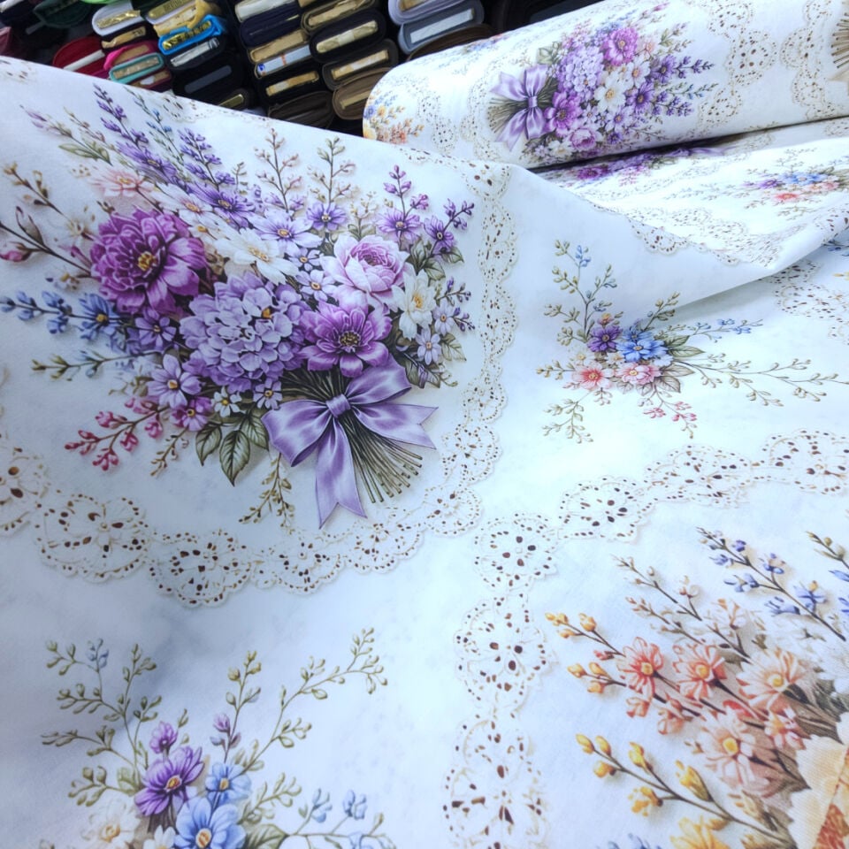 5d Dijital Poplin Kumaş Buketler Mor