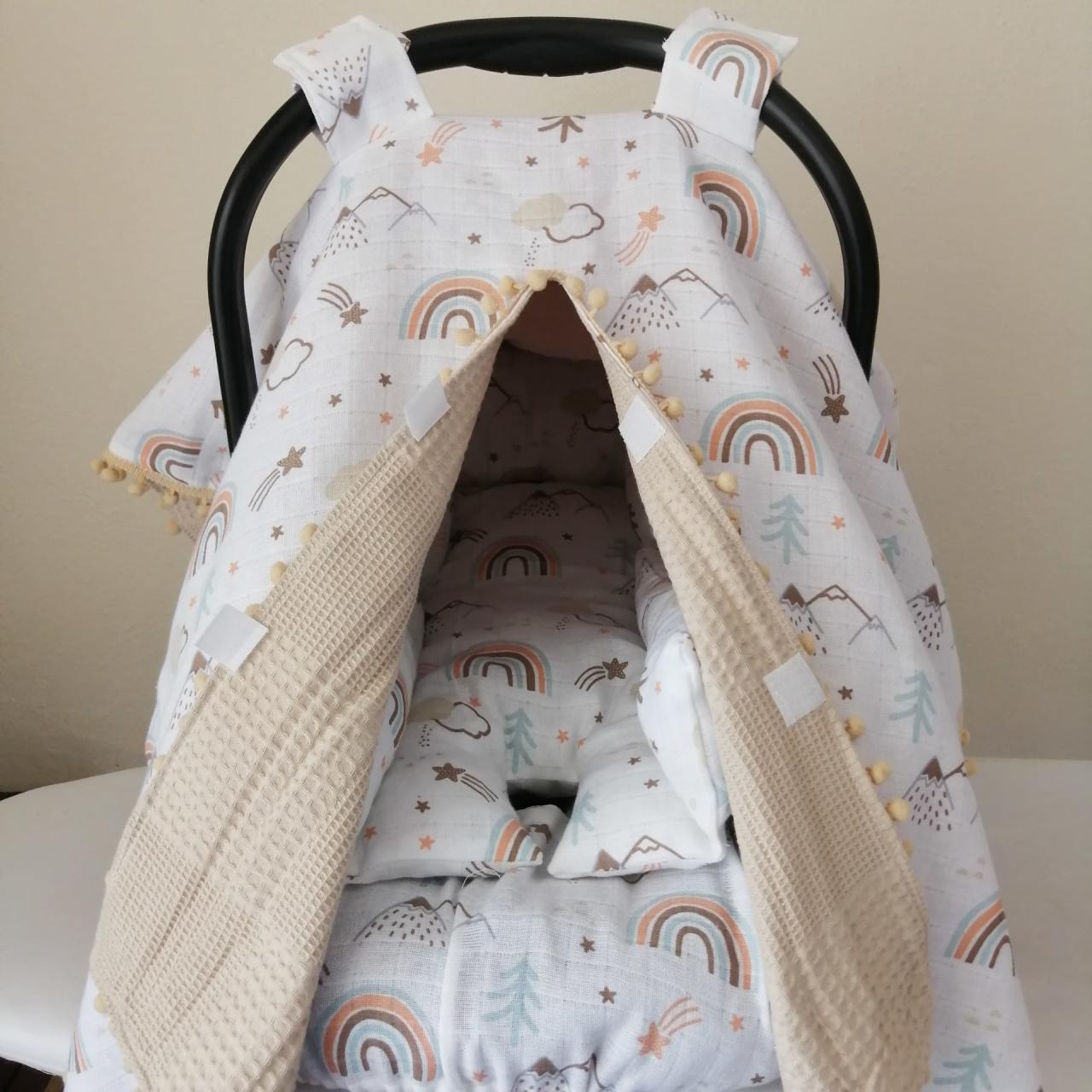 Pikeli Muslin Kumaştan Puset Örtüsü Minderi ve Çarşafı