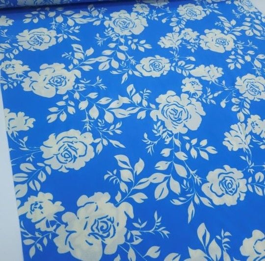 Krem Güller Viskon Kumaş mavi