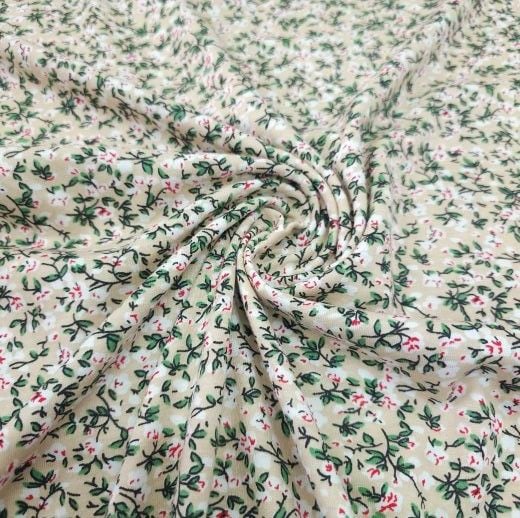 Koyu Krem Yeşil Çiçekli Süprem Penye