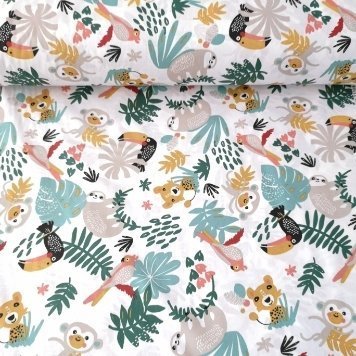 Tropik Hayvanlar Poplin Kumaş beyaz