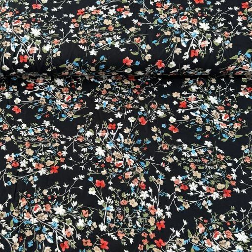 Papatya Dalları Viskon Kumaş siyah